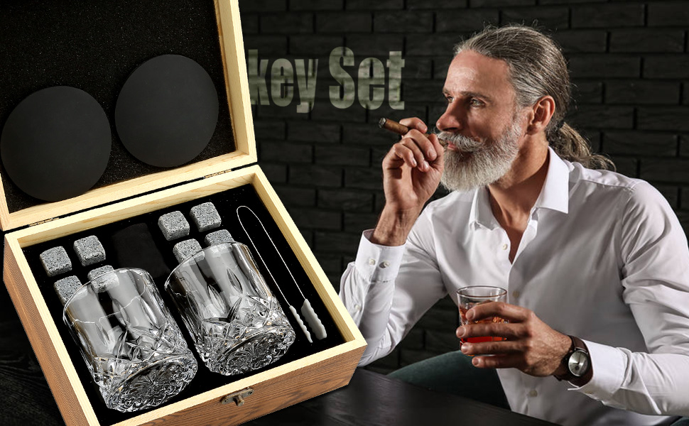 Склянки для віскі з гранітними кубиками, набір 2 шт, 310 мл, дерев'яна подарункова коробка