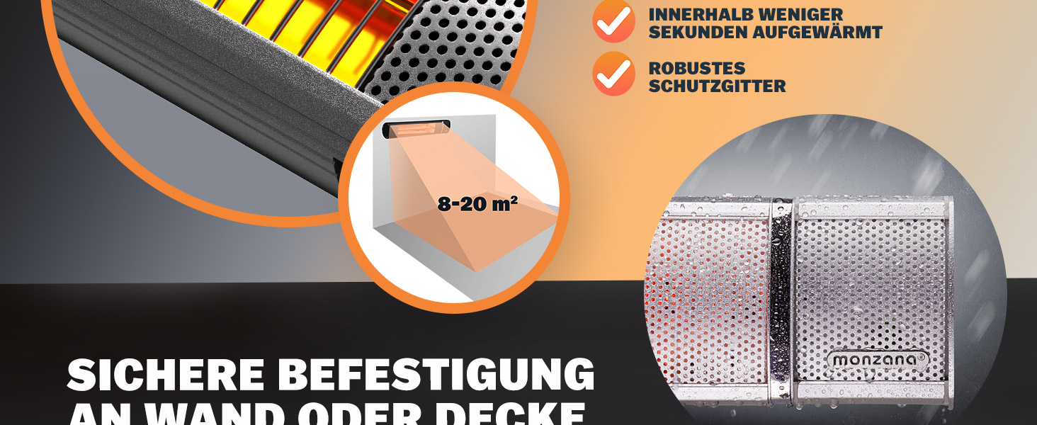 Інфрачервовий обігрівач MONZANA® MZH2000 Goldröhre 2000W з пультом керування, 3 режими, кут нахилу 90°, для тераси та вулиці