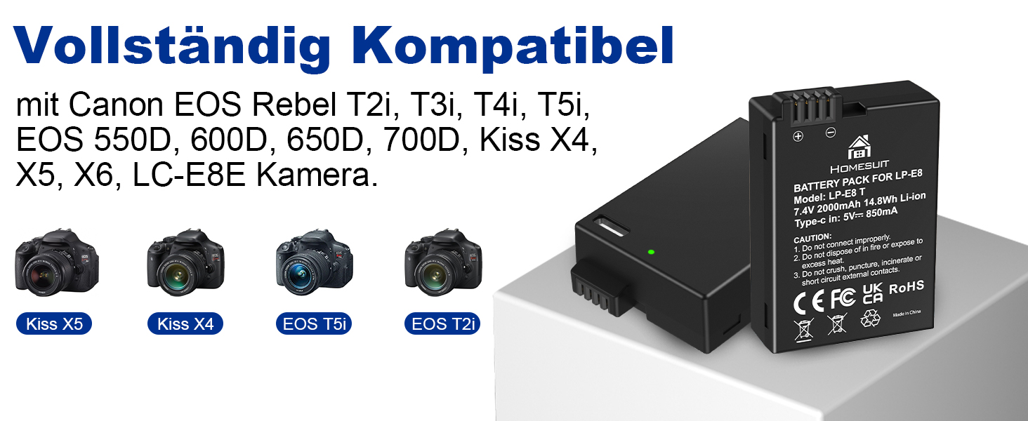 Акумулятор LP-E8 1800mAh Homesuit + LED зарядний пристрій для Canon EOS Rebel T2i T3i T4i T5i 600D 650D 700D Kiss X4 X5 X6 X6i X7i (2 шт. акумулятори + 1 зарядний пристрій)