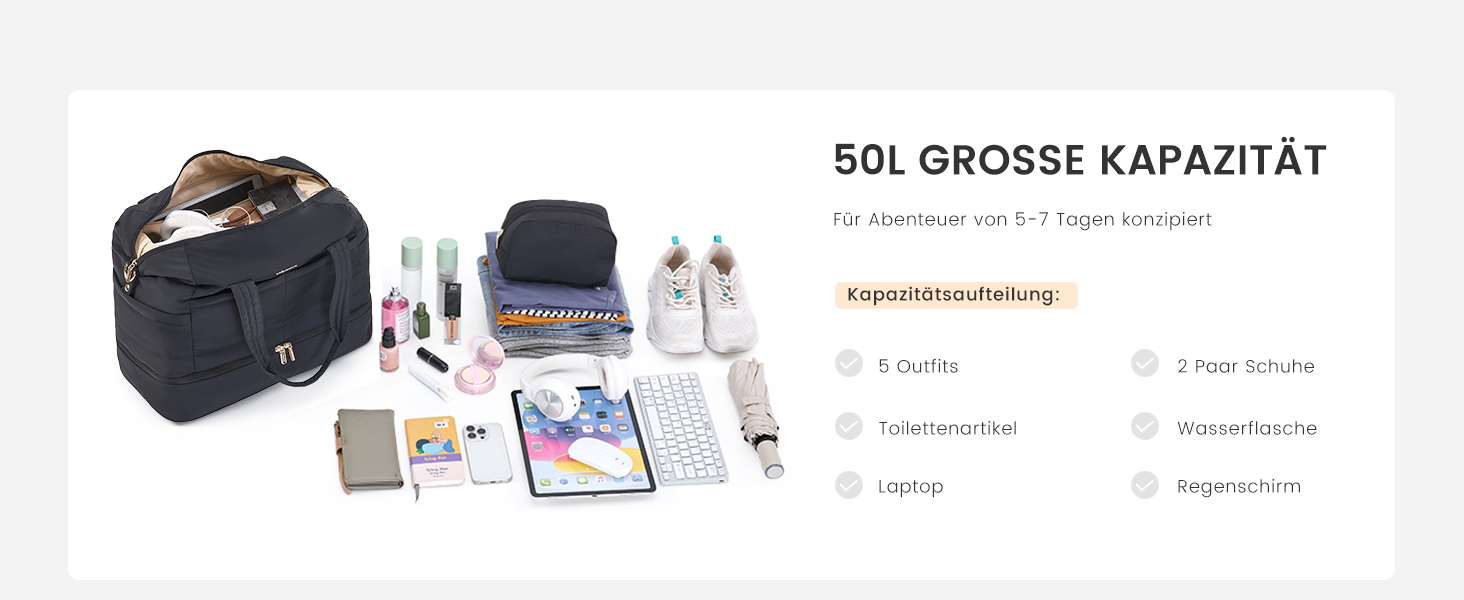 Сумка-мішок LOVEVOOK для подорожей, клініки, пологового будинку, ручної поклажі, 52x38x25 см, 50 л, з відділенням для взуття та косметичкою, бежевий