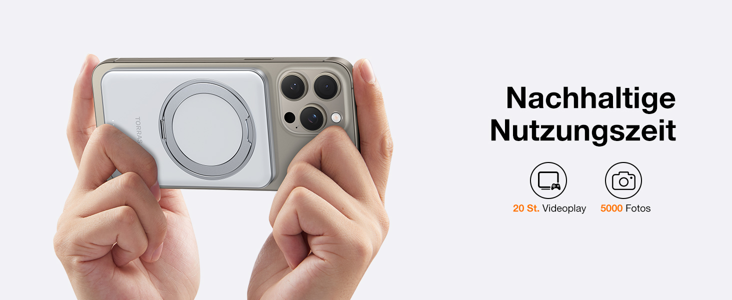 Портативний зарядний акумулятор TORRAS MagSafe 5000mAh з кільцем для iPhone 16/15/14/13/12. Бездротова зарядка, USB-C, швидка зарядка, білий