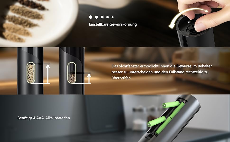 Електрична мельниця для солі та перцю AikarO - автоматична, працює від батарейок
