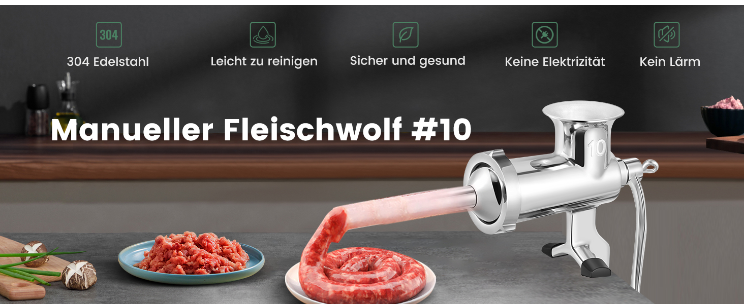 М'ясорубка ручна Huanyu з нержавіючої сталі та насадкою для ковбас, 10 розмір, посудомийна