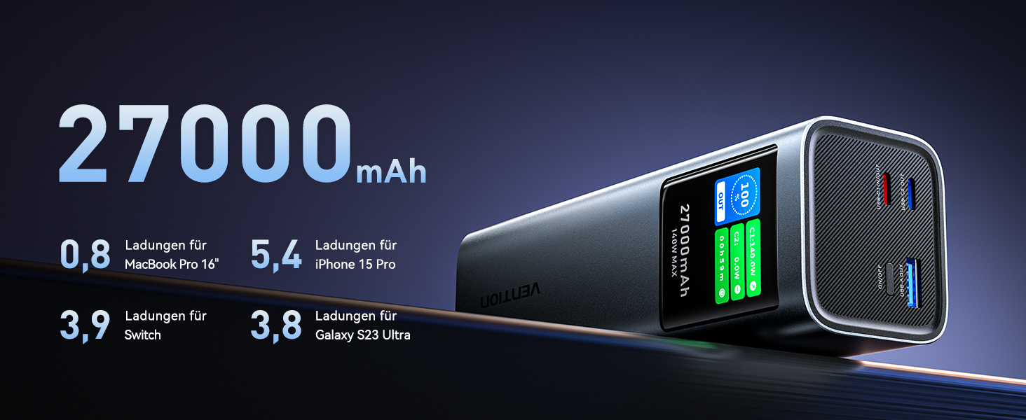 Power Bank VENTION 27000 mAh 140W з PD3.1: зарядка для ноутбуків, iPhone, iPad, Galaxy | FKE-EU