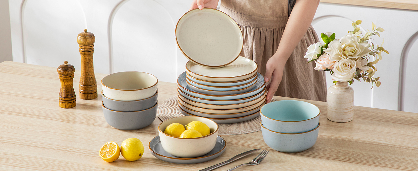 Набір посуду vancasso RENO 36 предметів: тарілки, супові тарілки, десертні тарілки, миски. Набір посуду з кераміки для 6 осіб, сучасний дизайн, безпечний для миття в посудомийній машині та розігріву в мікрохвильовій печі.