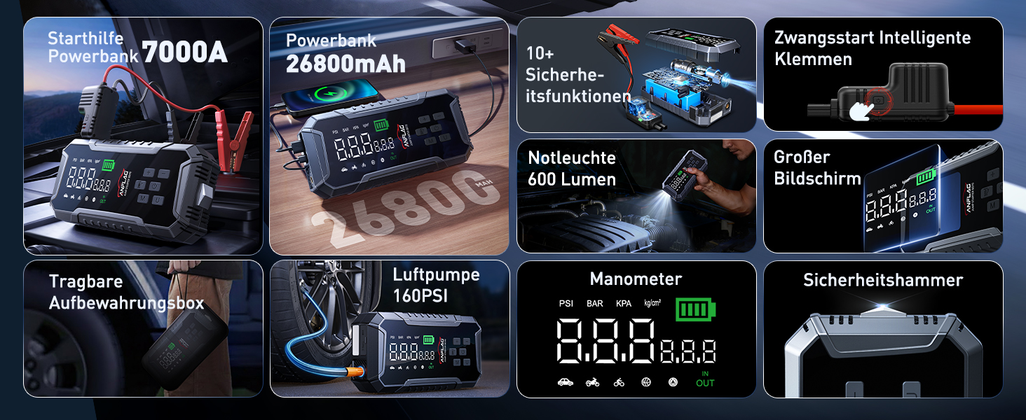 Портативний пусковий пристрій ANFLAG 7000A з компресором та LED-ліхтариком, 26800mAh, для бензинових та дизельних двигунів (до 12.0L)