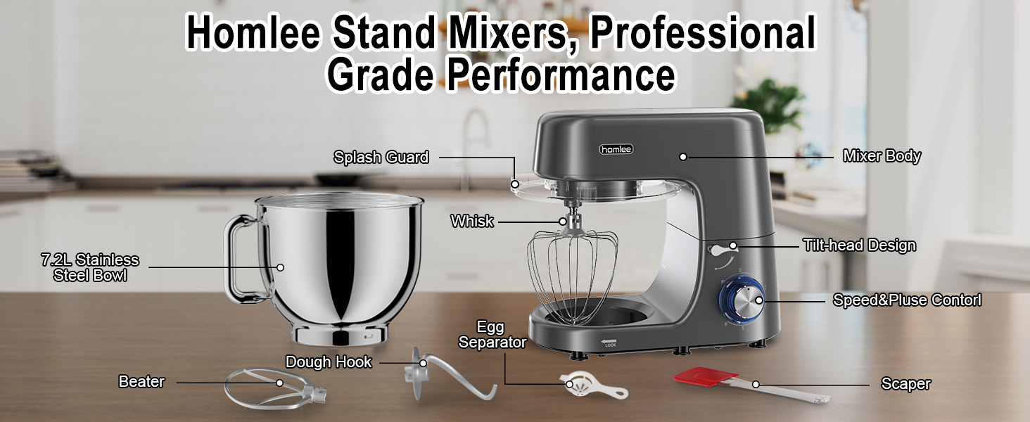 Кухонна машина-міксер 1800W з чашею 7.2L з нержавіючої сталі, 6 швидкостей, низький шум, мультифункціональна (сірий)