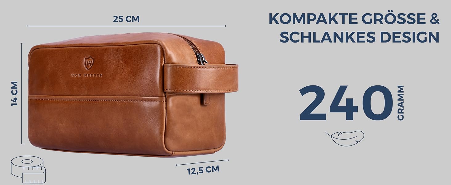 Шкіряна косметичка для подорожей VON HEESEN — універсальна сумка для аксесуарів та гігієни з натуральної шкіри, коричнева (Cognac Braun), великий розмір