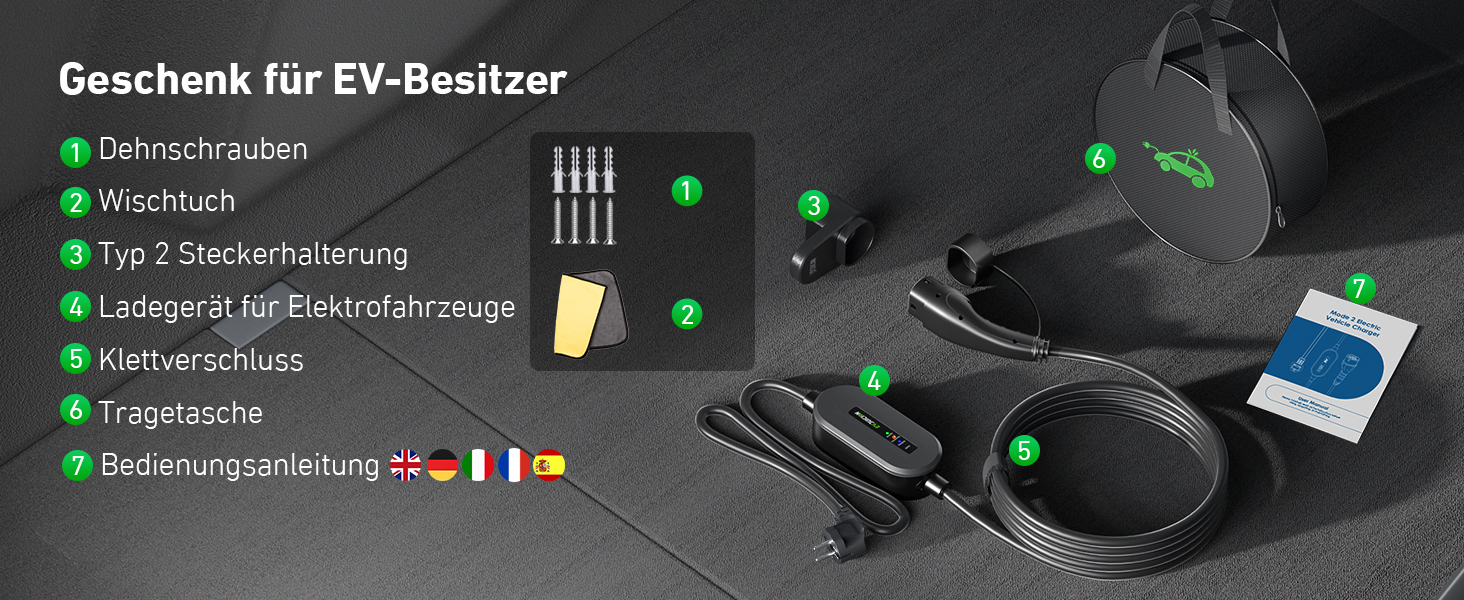 Кабель для зарядки електромобіля Evjuicion Typ 2 Schuko, 3.68kW, 6м, 16A, з індикатором, IP67, для ID.3/4, X1, 5ER, Model Y/3 та інших електромобілів