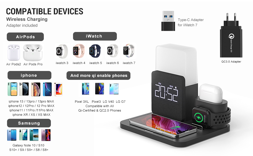 Бездротовий зарядний пристрій COLSUR 3 в 1: зарядка, нічник, будильник. Підходить для iPhone 16/15/14/13/12/11/X/8 Pro Max/Mini/Plus (Чорний)