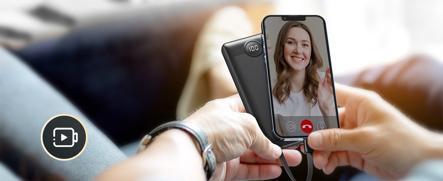 Power Bank 10000mAh з LED дисплеєм та інтегрованими кабелями. Сумісний з iPhone, iPad, Samsung, Xiaomi, Google Pixel. Чорний