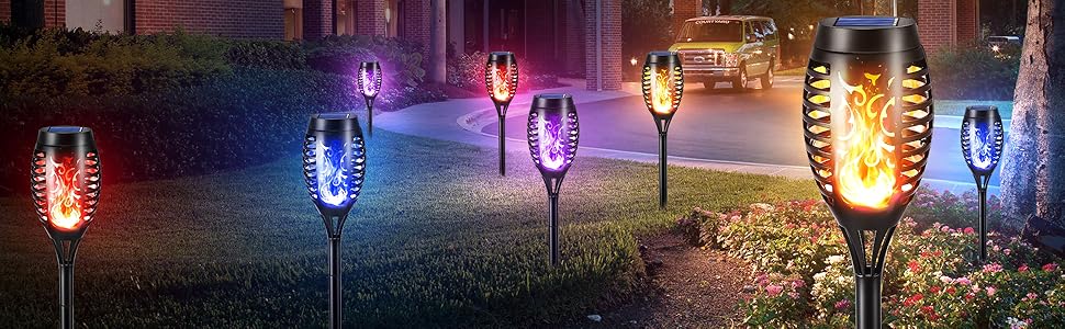 Geemoo Solar Garden Lights - 6 Pack, Realistic Flame Effect, IP65 Waterproof, Warm White