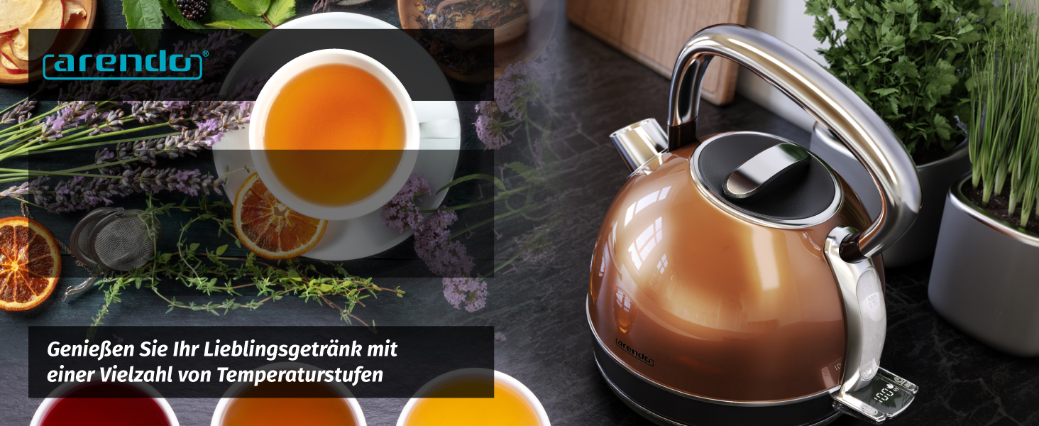Електричний чайник Arendo з регулюванням температури, LED дисплеєм та сенсорною панеллю. Ретро-дизайн, об'єм 1,7 л, функція підтримки тепла, вимірювання, змінний фільтр від накипу. Матеріал: нержавіюча сталь, колір: мідний.