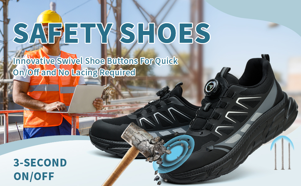 Черевики робочі чоловічі та жіночі спортивні, легкі, дихаючі, на шнурівці, з швидкою застібкою, з обертовим закриттям, з металевим підсилювачем, 44 EU, чорні