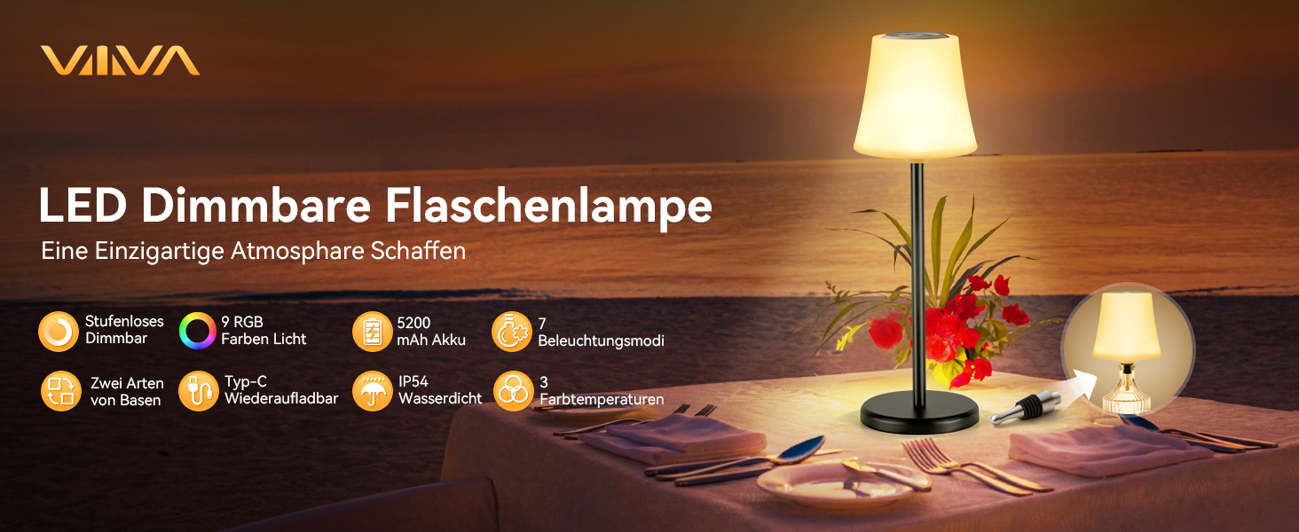 Світлодіодні настільні лампи бездротові 2 шт, IP54, акумуляторні, білі, з димером, сенсорне управління, 5200mAh для ресторанів, спальні