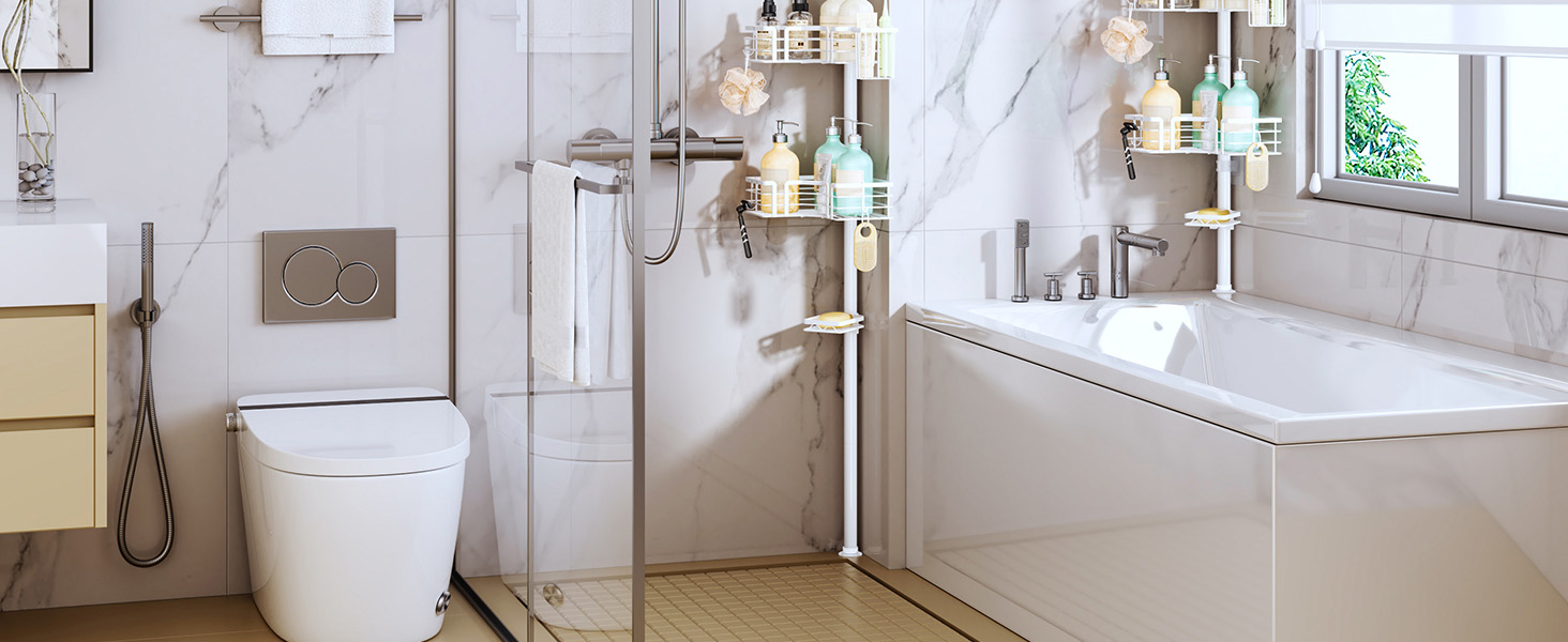 Поличка для душу SWTYMIKI телескопічна, кутова, з мильничкою та тримачем для зубних щіток, 4 гачки, регульована, не потребує свердління, нержавіюча сталь, 70-275 см, білий