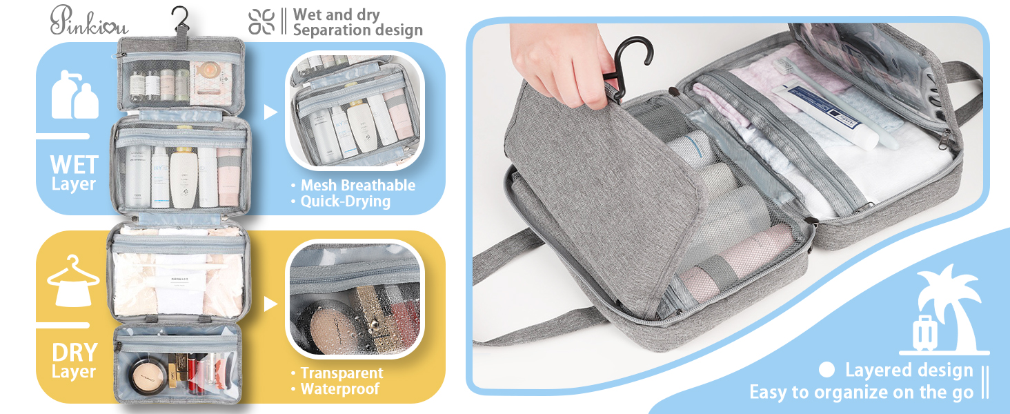 Кришталево-сіра дорожня косметичка Pinkiou з гачком для підвішування - велика, водонепроникна, для жінок