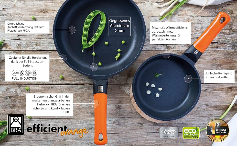 Набір сковорідок BRA Efficient Orange, алюмінієвий, чорний, 20/24/28 см, 4 шт.