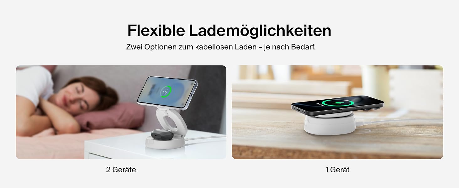 Бездротова зарядна станція 2-в-1 Belkin BoostCharge Qi2 15W MagSafe для iPhone 17, AirPods, Pixel, біла (з адаптером 30 Вт)