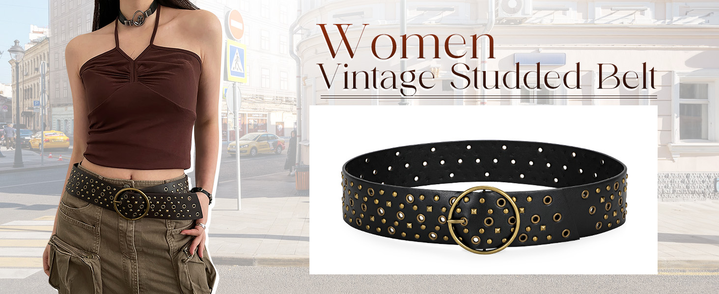 Жіночий широкий пояс JasGood з прорізними заклепками та круглою застібкою, пояс з заклепками, пояс для талії, для джинсів, штанів, суконь, чорний, розмір S (об'єм талії до 88 см)