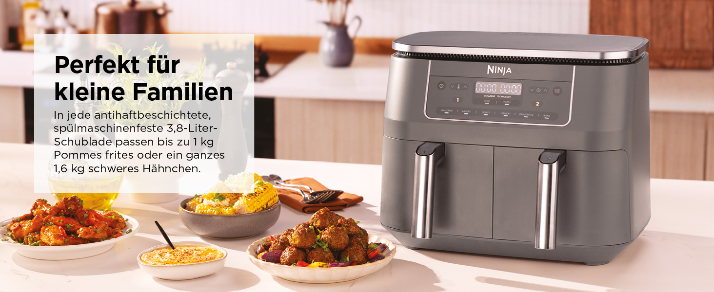 Фритюрниця Ninja Dual Zone Digital Air Fryer DZ400EU, 9.5L, 6-в-1, 2 відсіки, металевий сірий, для смаження, запікання, підігріву
