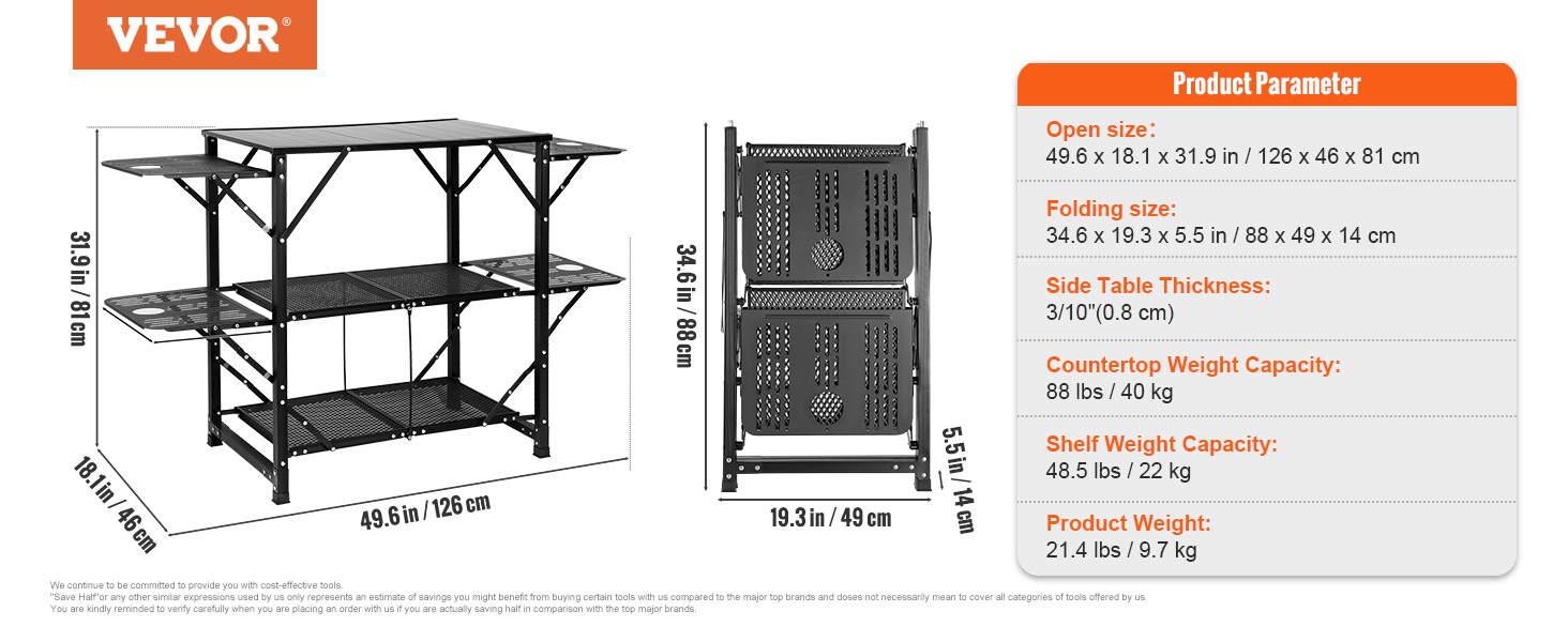Стіл похідний VEVOR для кухні, алюмінієвий, складний, портативний, з 4 стінками та 2 полицями, з сумкою для перенесення. Для пікніка, грилю, кемпінгу.