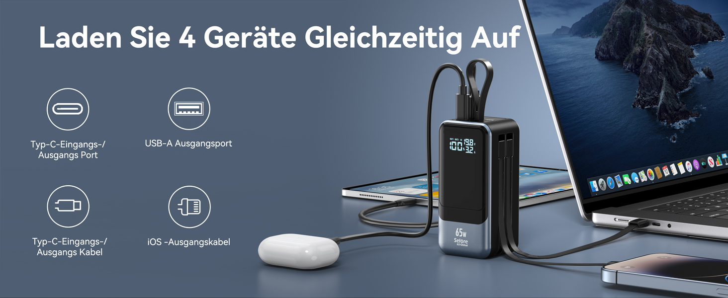 Power Bank Selore&S 65W з USB-C, 4 порти, для ноутбуків, MacBook, iPad, iPhone, Galaxy, Steam Deck, дронів, чорний