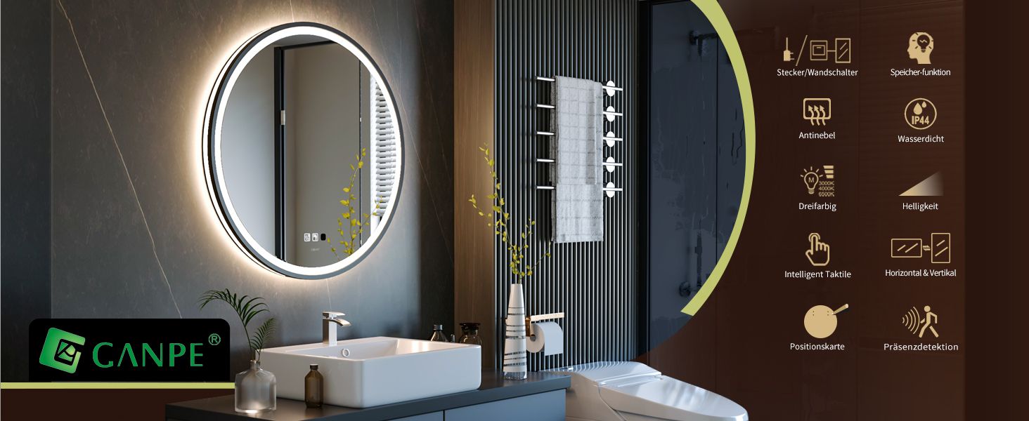 LED дзеркало з сенсором, круглий, індукційне, для макіяжу, з підсвічуванням, регульоване, антизапарник, водонепроникне IP44, для ванної кімнати, настінне, діаметр 70 см