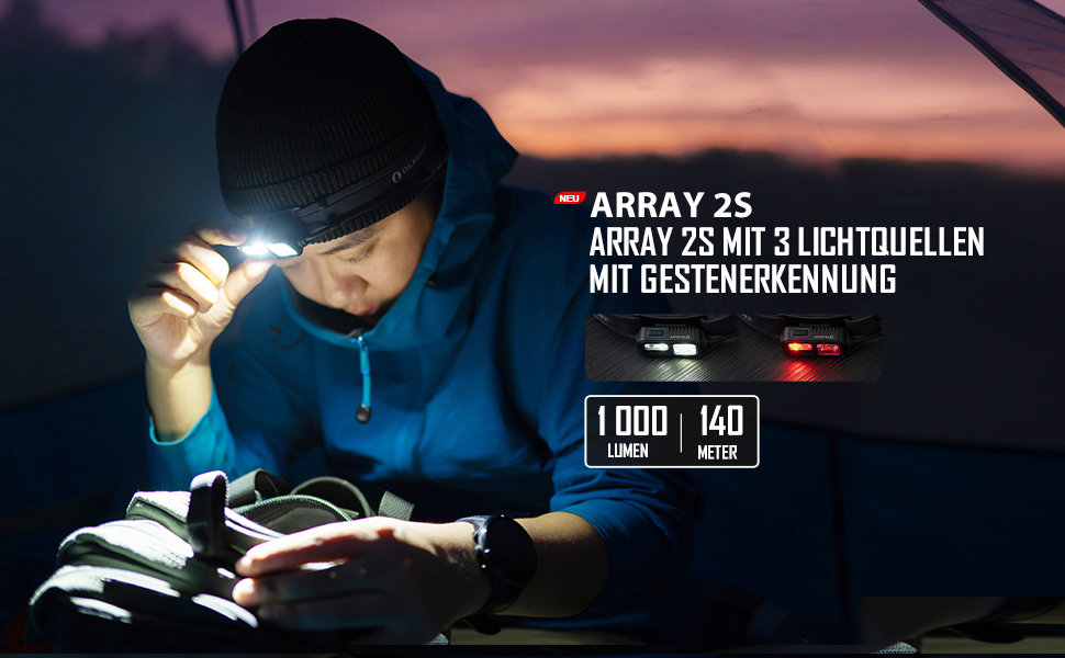 Налобний ліхтар OLIGHT Array 2S 1000 люмен, LED, жестове керування, USB акумулятор, 30 годин, червоне світло, SOS, 60° регулювання, IPX4, для бігу, риболовлі, туризму