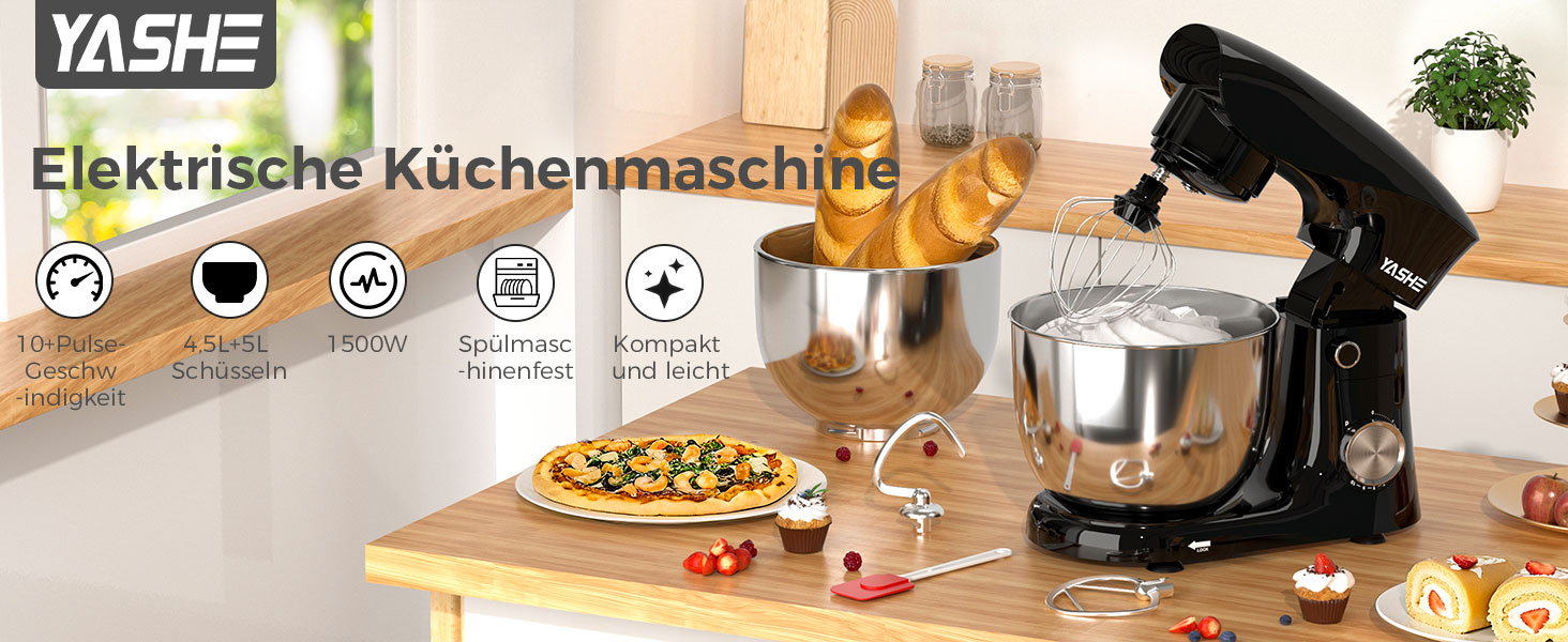 Кухонна машина YASHE 1500W з чашами 4.5 та 5L, 10+ швидкостей, нахильний корпус, гак для тіста, вінчик та насадка для збивання, багатофункціональна