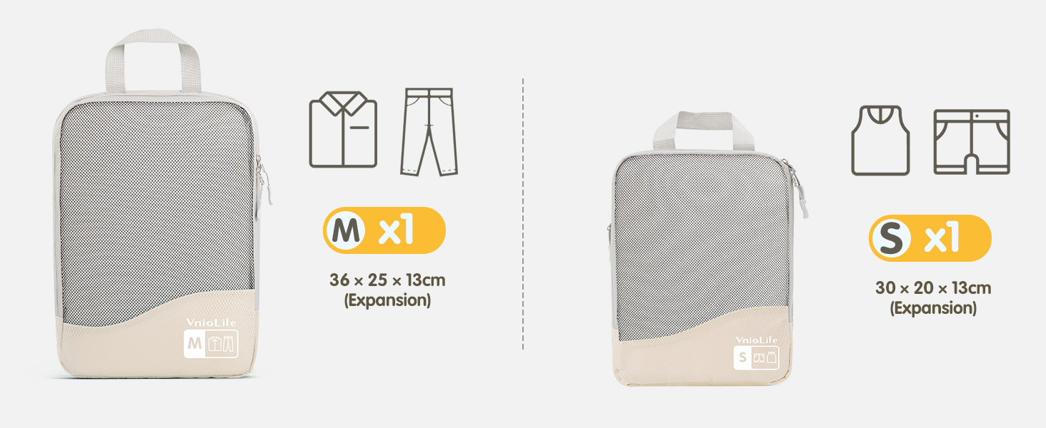 Набори для пакування валіз VnioLife (8 шт.) - Органайзери для подорожей, компресійні куби для одягу, синій та бежевий