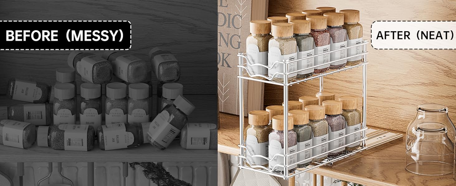 Висувна полиця для спецій, 2 яруси, органайзер для кухні, регульована висота, металева, срібна. Організатор для шафи на кухні, розмір 26,4х12,5х24,3 см