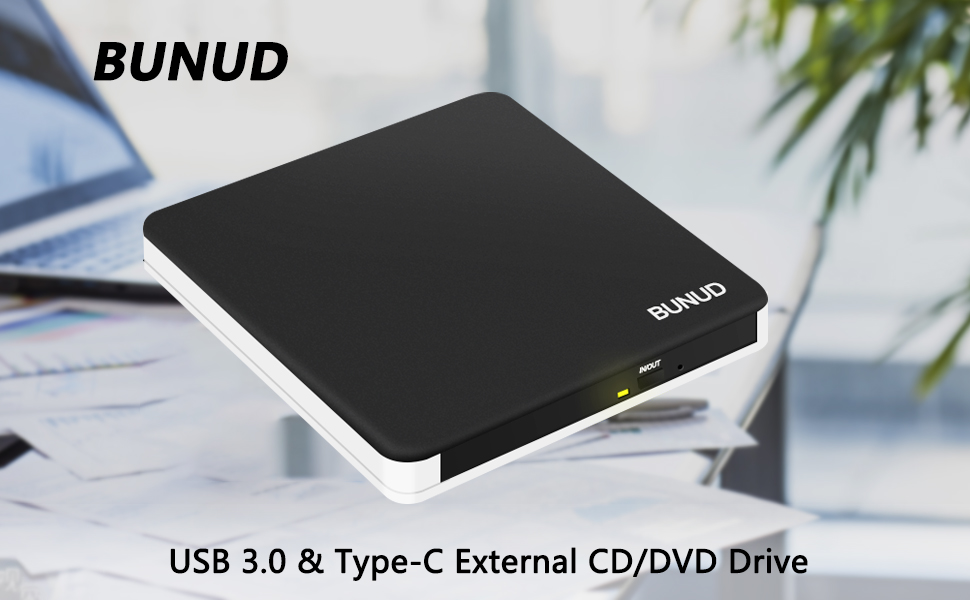 Зовнішній CD/DVD привід BU USB 3.0 & Type-C, DVD+/-RW ROM записувач з картридером SD/TF та USB-портами для ноутбука, PC, MacBook, Windows 11/10, macOS (чорний/білий)