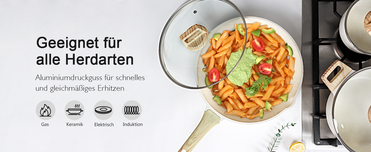 Набір посуду GiPP 17-ти частинний: каструлі, сковорідки з антипригарним покриттям, сковорідки 24+28 см, каструля 4.2 л, каструлі 16+18 см, сковорода для омлету з 4-ма отворами, лопатка та ложка, підходить для всіх типів плит (білий)