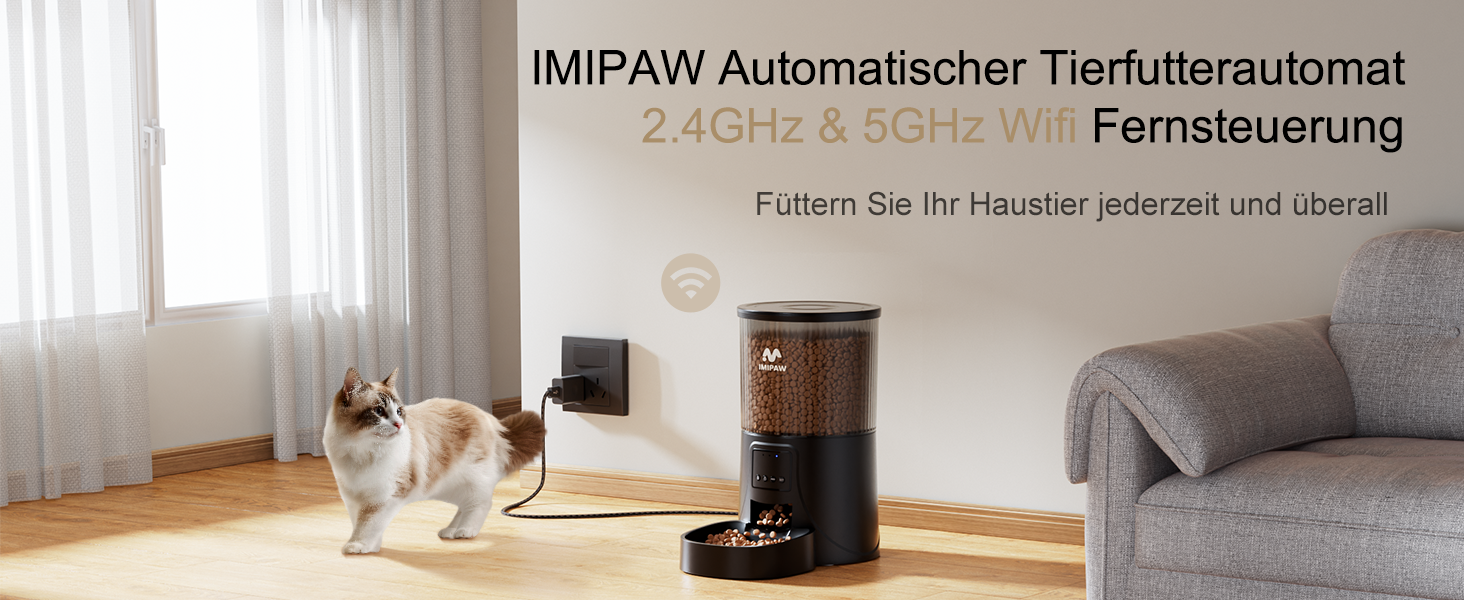 Автомат годування котів IMIPAW, 5G | WiFi, керування через APP, до 10 прийомів їжі на день, 4L, чорний