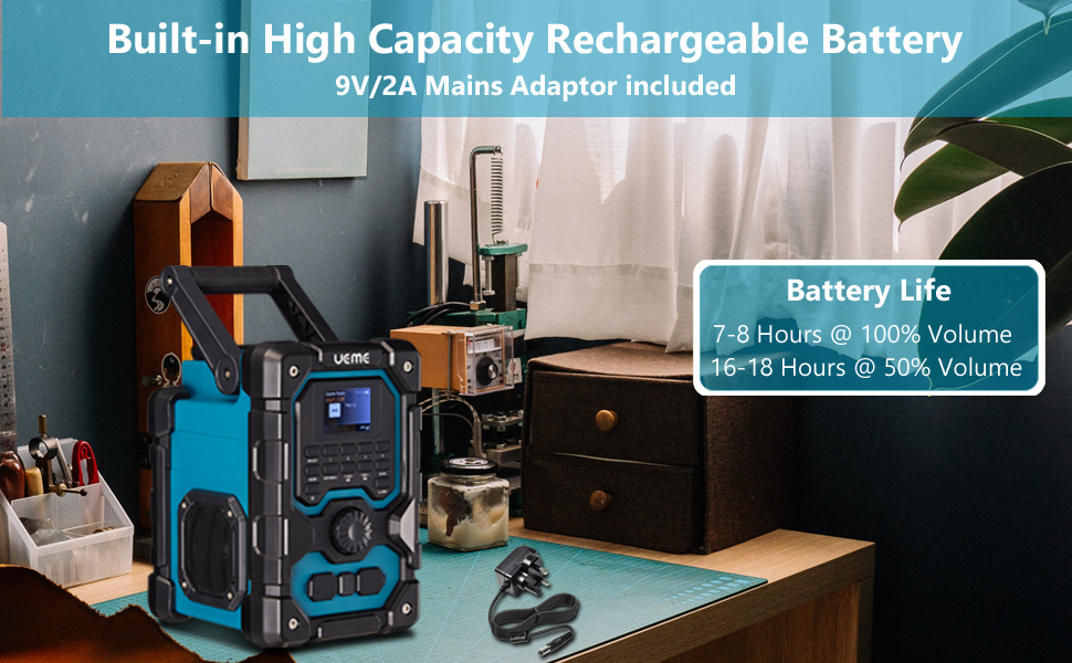 Радіо для будівельного майданчика з DAB+, FM, Bluetooth 5.0, 16W, акумулятор 8000mAh, USB-зарядка, Aux, захист від пилу та вологи (блакитне)
