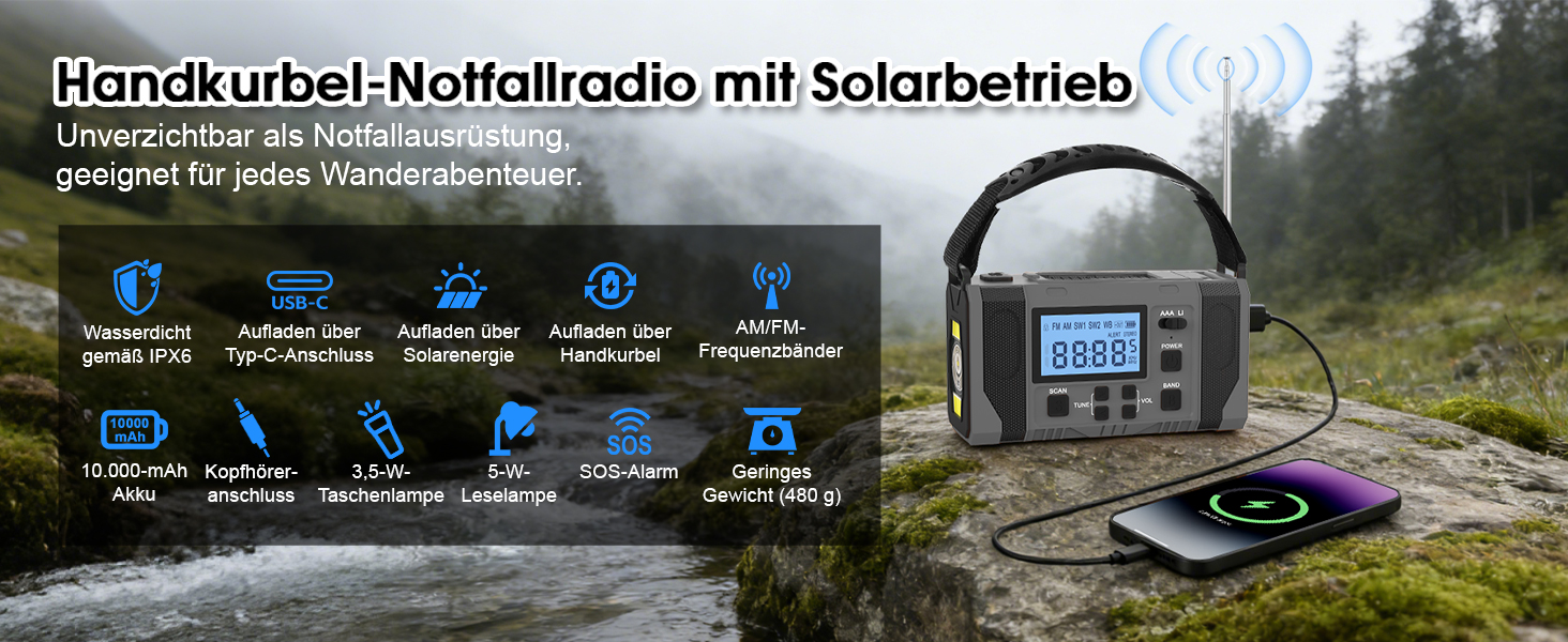 Сонячне радіо з ручним заводом 10000mAh Notfall: AM/FM, ліхтарик, SOS-сигнал, Power Bank, зарядка від сонця/USB/ручки, для кемпінгу, походу, надзвичайних ситуацій, сірий