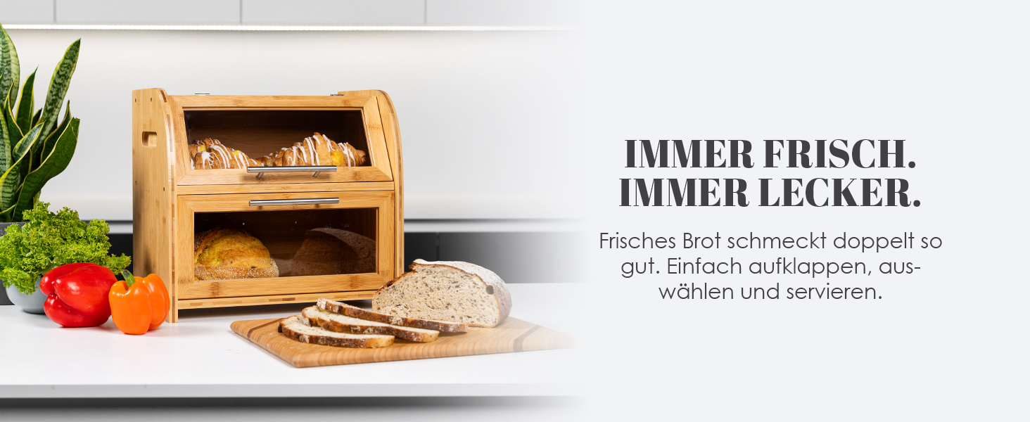 Бамбуковий хлібний ящик Arise з вентиляцією, 2 полиці та вікно, для хліба, бургерів, сендвічів. 40 x 26 x 37 см