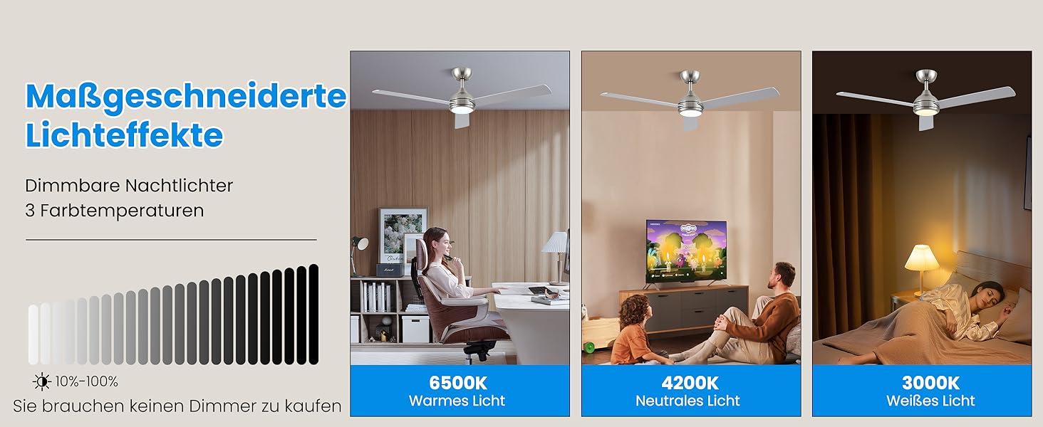 Стеляний вентилятор CJOY з підсвічуванням, 107 см, з пультом керування, тихий, DC, реверсивний, пам'ять 3CCT, диммування, 6 швидкостей, таймер для спальні (132 см - срібний)