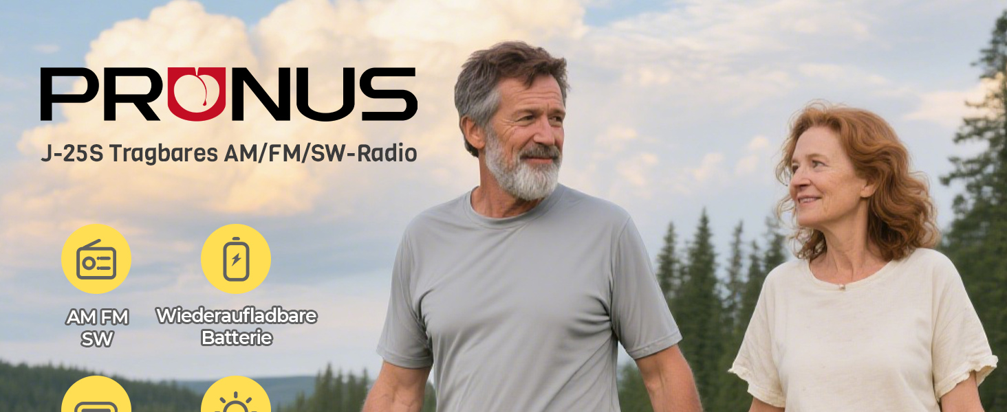 Радіоприймач PRUNUS J-25S FM/AM/SW: Портативне радіо на сонячній батареї з акумулятором 1800mAh, великий динамік, чудовий прийом, просте радіо для літніх людей