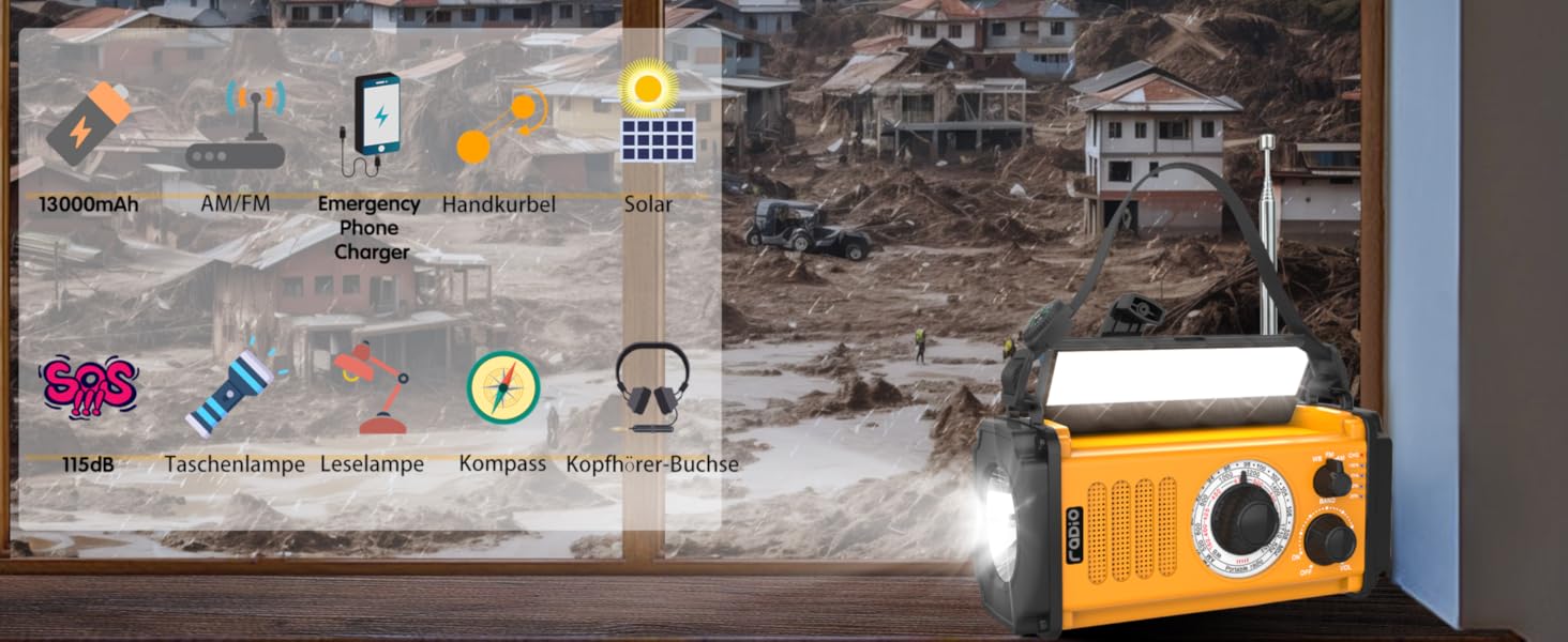 Радіоприймач на сонячній батареї та з ручним генератором 13000mAh, AM/FM, USB-зарядка, ліхтар 800LM, компас, SOS-сигнал, помаранчевий | Аварійний комплект для виживання