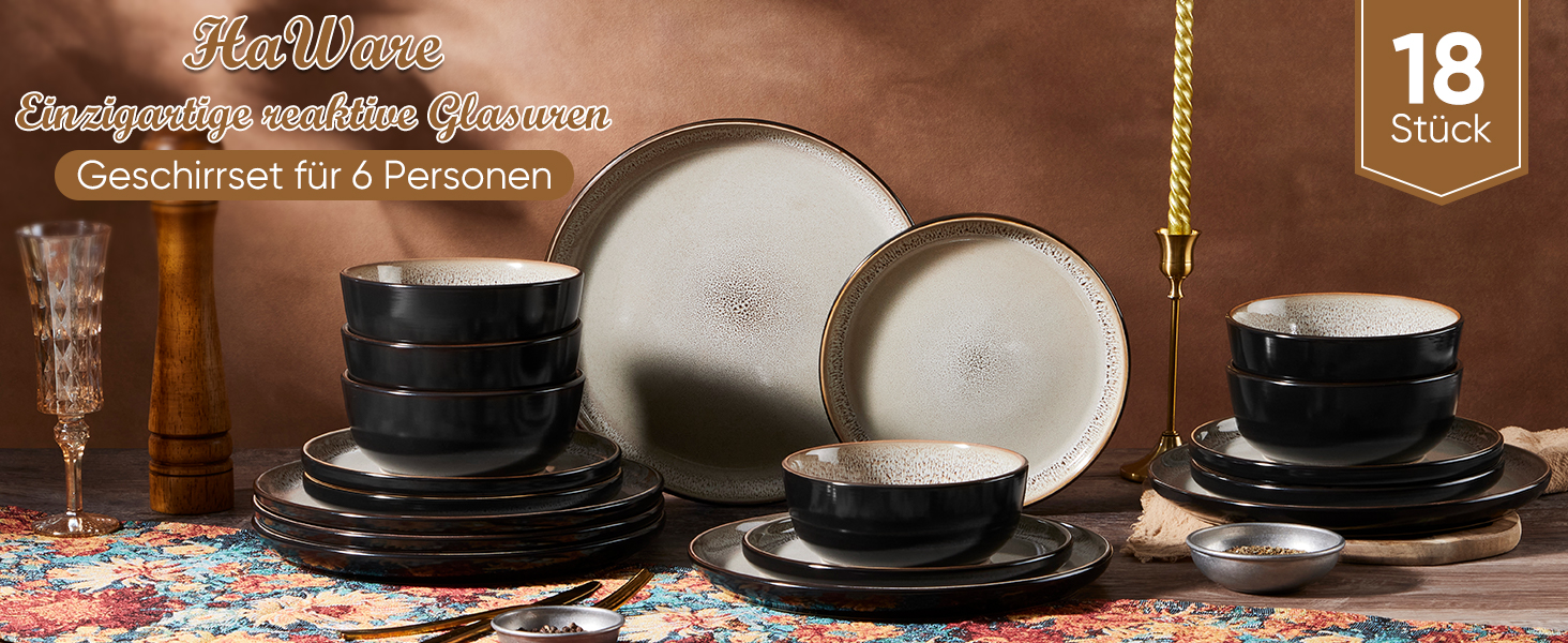 Набір посуду HaWare на 6 осіб, 18 предметів: тарілки, десертні тарілки, миски. З реактивною глазур’ю, стійкий до миття в посудомийній машині та використання в мікрохвильовій печі, бежевий колір.