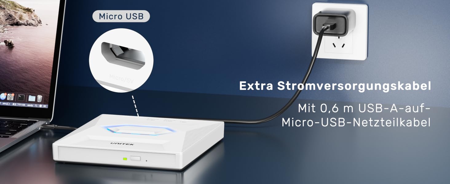 Зовнішній USB-C CD/DVD-привід UNITEK з картридером SD, USB 3.0 хабом та записом CD-ROM, білий — для ноутбуків, ПК (Windows, Linux, macOS)
