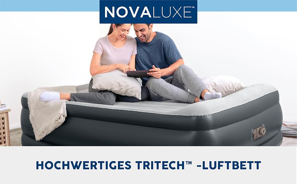 Надувний матрац Novaluxe з електронасосом та подушкою, сірий 203x152x56 см