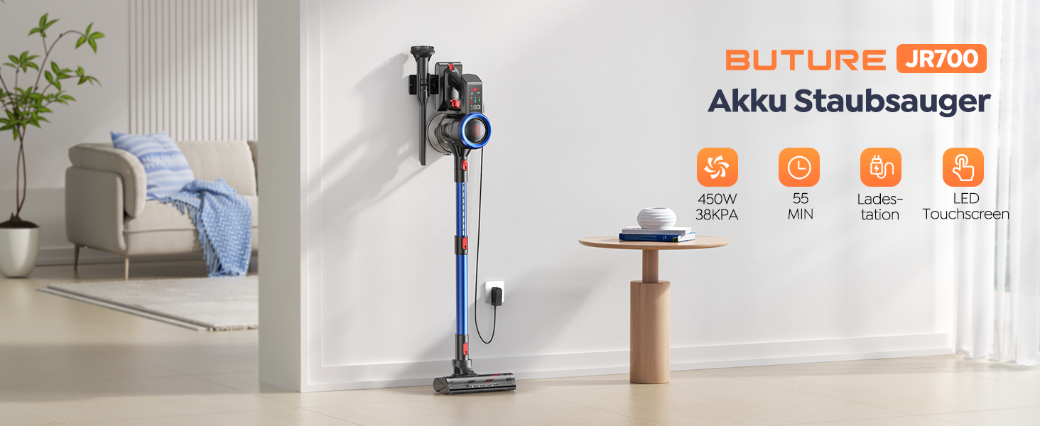 Бездротовий пилосос BuTure VAC 450W, 38000Pa, з зарядкою від підлоги, 55 хв роботи, потужний, з сенсорним екраном, для підлоги та килимів, з контейнером 1,5 л