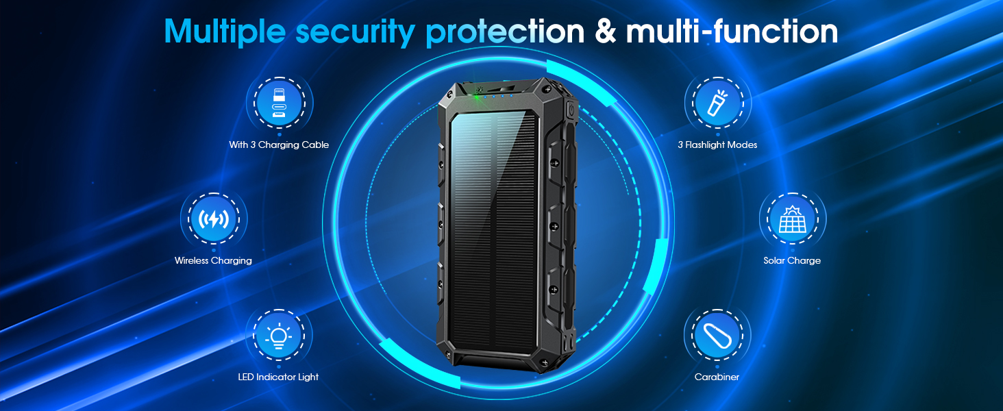Портативний акумулятор 52800mAh з сонячною панеллю, 30W, з LED-ліхтариком та 7 виходами, чорний