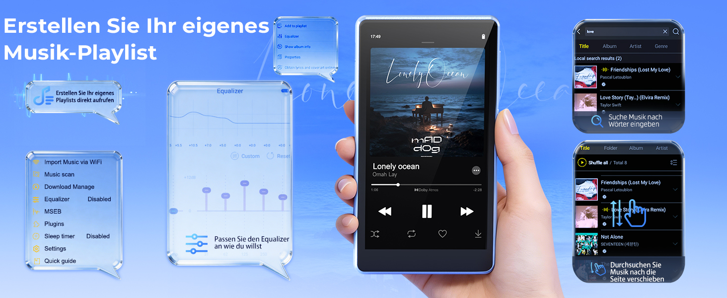 MP3 плеєр з Bluetooth та WiFi на 160 ГБ, 4.5-дюймовий сенсорний екран, підтримка Spotify (синій, 96ГБ)