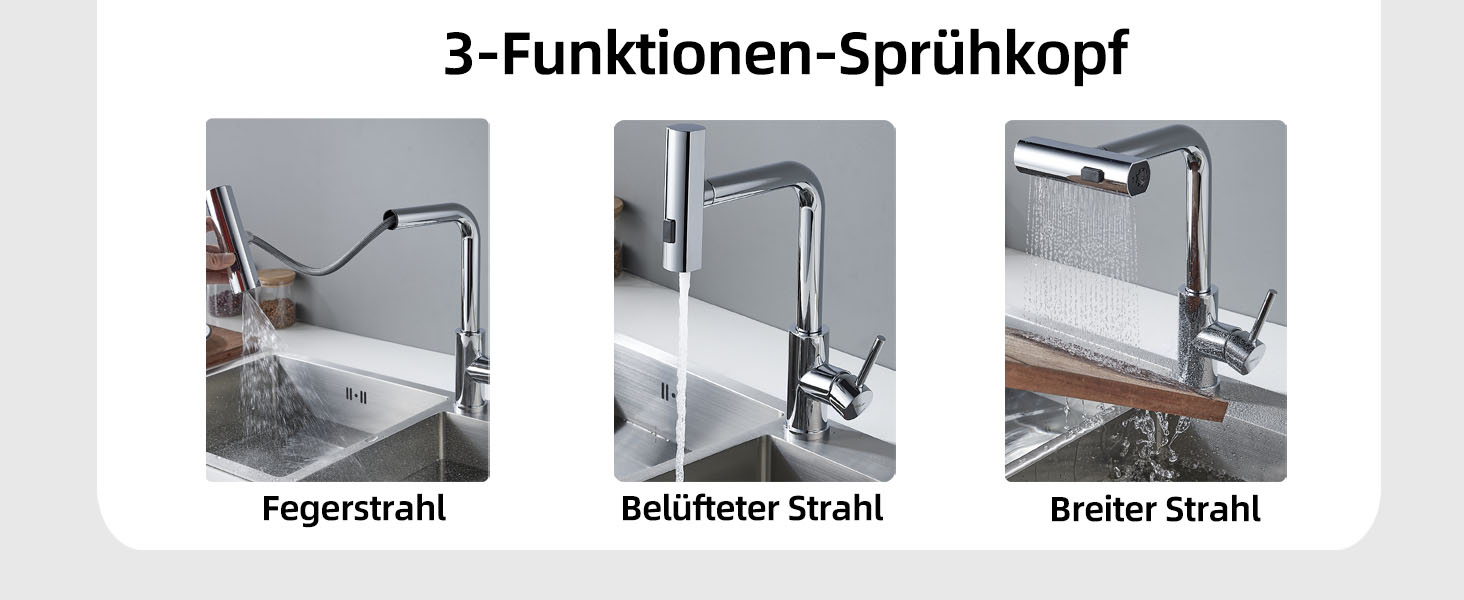 Змішувач для кухні BELZ з висувною лійкою, 3 режими, поворотний на 360°, з нержавіючої сталі SUS304, матовий хром