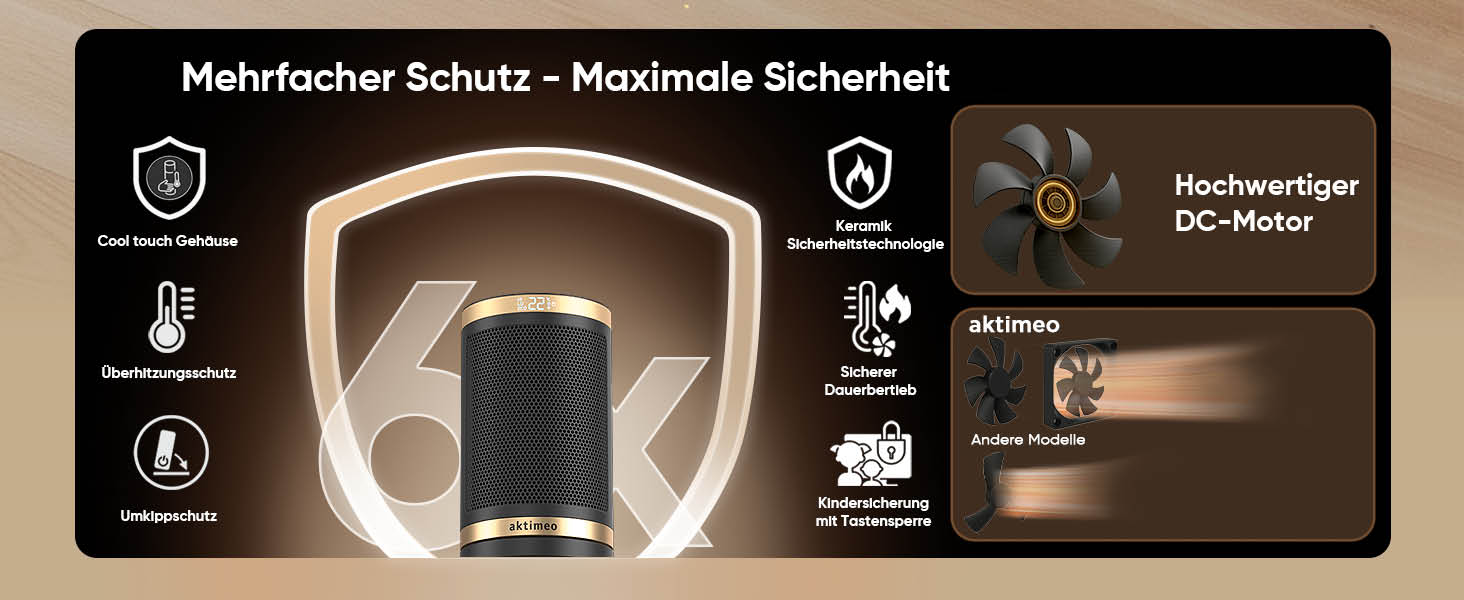 Електричний обігрівач NEU 1500W з керамічним нагрівачем, термостатом, захистом від перегріву, нахилу та для дітей, таймером 12 год, з пультом керування, золотий, Classic