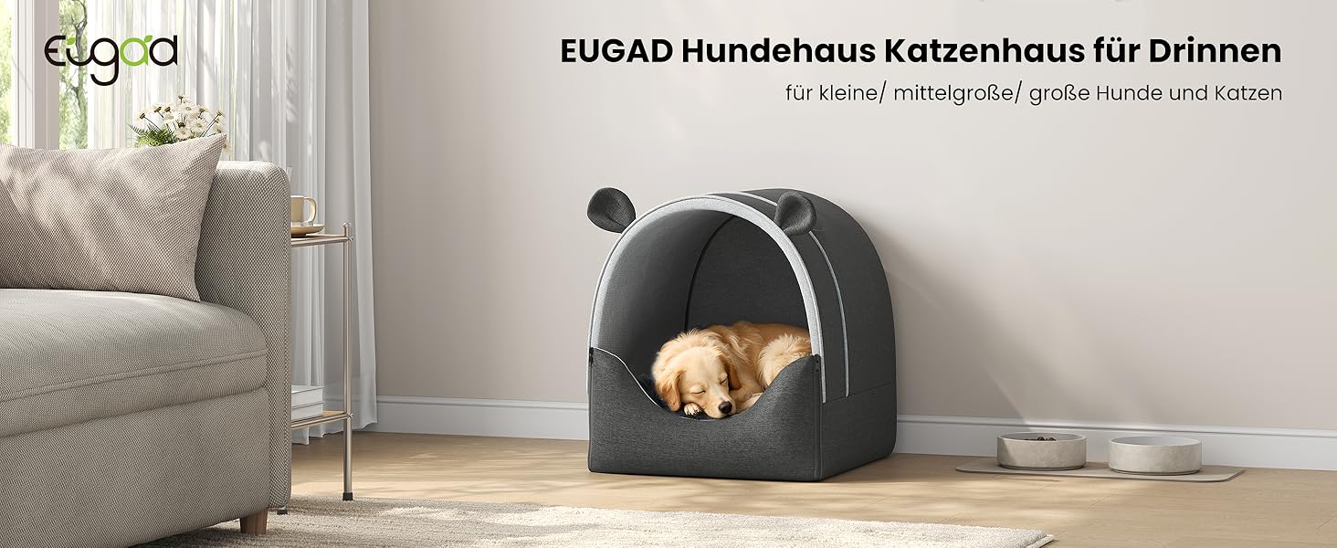Будка для собак EUGAD, 45x40x45 см, з плюшевою подушкою, 2-в-1, для маленьких собак, тепла, для вулиці, зимостійка